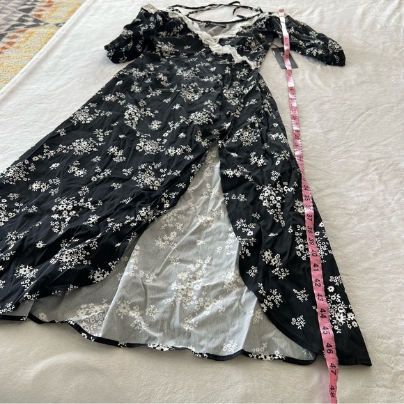 For Love & Lemons Sample Black Floral Open Front V-Neck Midi Dress - Picture 10 of 11